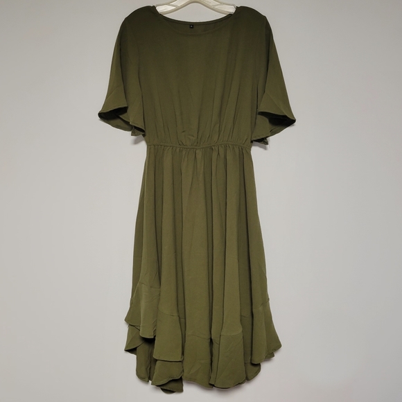 Olive Ruffle Hem Dress Army Green Batwing Sleeve Scoop Neck Asym L - Picture 2 of 7